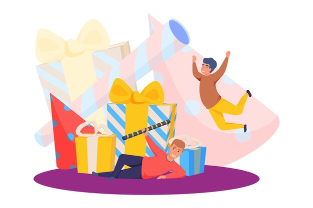 Gelukkige viering mensen samenstelling met gelukkige menselijke karakters onder dozen met geschenken vectorillustratie