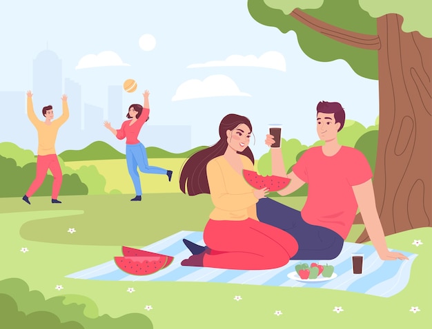 Gelukkige vrienden die samen in park eten. Jonge man en vrouw spelen balspel buitenshuis platte vectorillustratie. Vakantie, communicatie, vriendschapsconcept voor banner, websiteontwerp of bestemmingspagina