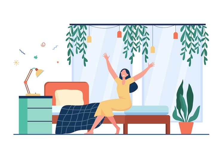 Gratis Vector gelukkige vrouw die in de ochtend wakker wordt. persoon zittend op bed en armen strekken.