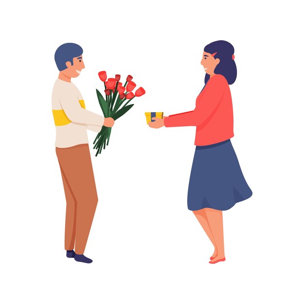 Gelukkige vrouw met huidige doos en man met bos bloemen die giften vlakke geïsoleerde illustratie uitwisselen