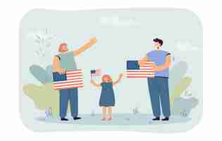 Gratis vector gelukkige vrouwen en meisje staan met vlaggen van de v.s. mensen die de amerikaanse onafhankelijkheidsdag vlakke afbeelding vieren