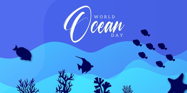 Gelukkige wereld oceaan dag blauwe achtergrond social media design banner gratis vector