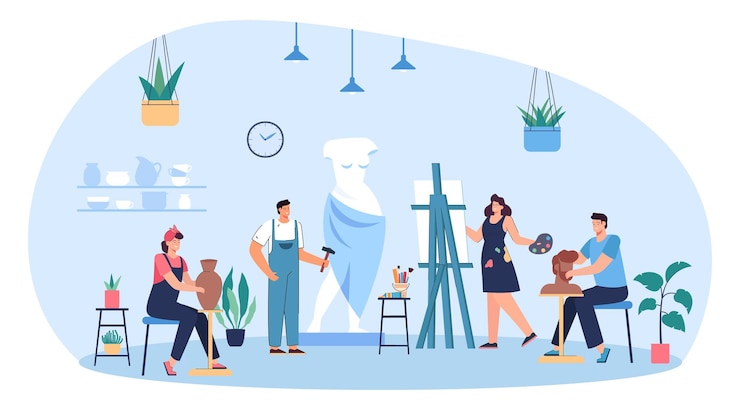 Gratis Vector gemeenschap van kunstenaars die schilderijen en sculpturen maken in de werkplaats. creatieve stripfiguren maken van kunstwerken in studio platte vectorillustratie. kunst, creativiteitsconcept voor banner, websiteontwerp