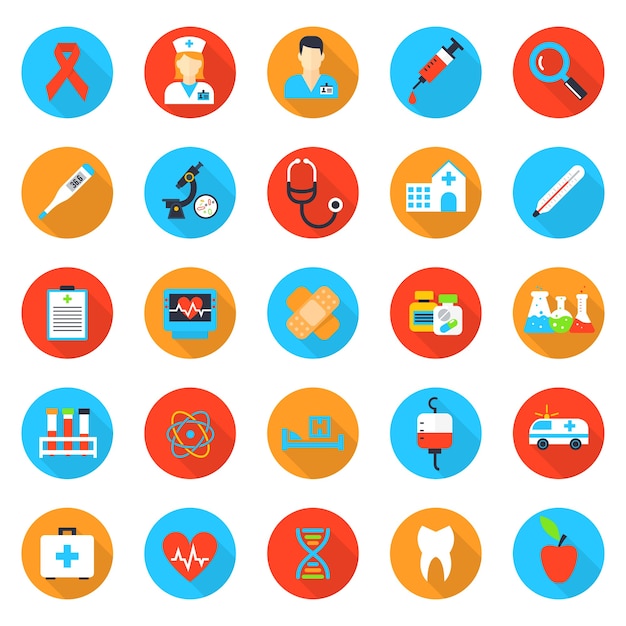 Geneeskunde en gezondheidszorg plat pictogrammen. Ziekenhuis en gezondheid, noodhulp, dokter en apotheek