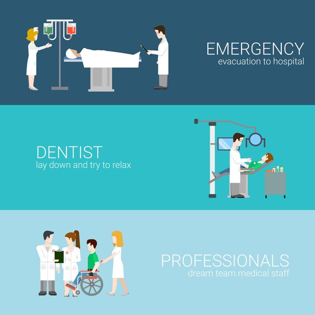 Geneeskunde infographic elementen met medisch personeel en patiënten behandeling en onderzoek platte concept illustratie op blauwe achtergrond Ziekenhuisprofessionals. Nood tandarts professionals.