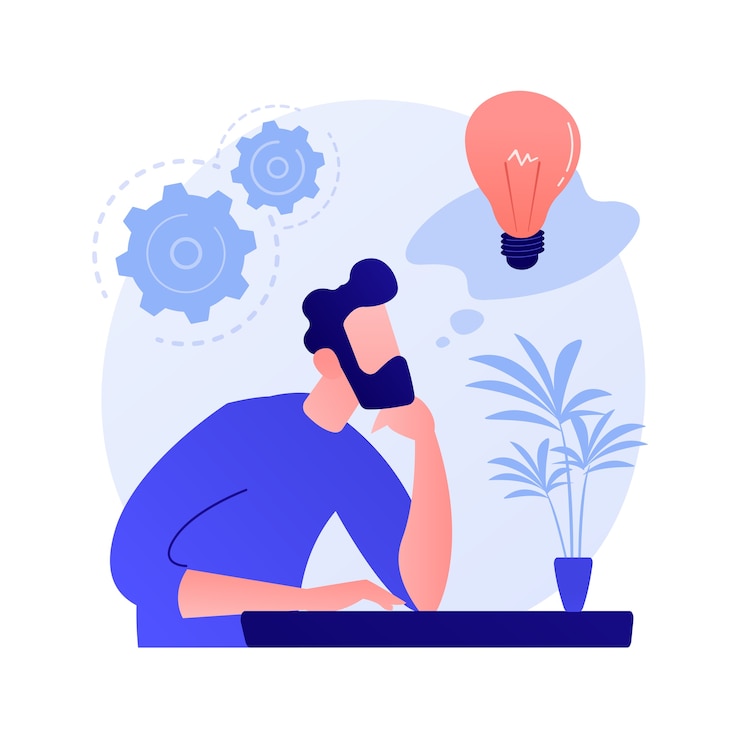 Gratis Vector generatie van bedrijfsideeën. plan ontwikkeling. nadenkend man met gloeilamp stripfiguur. technische mindset, ondernemersgeest, brainstormproces.