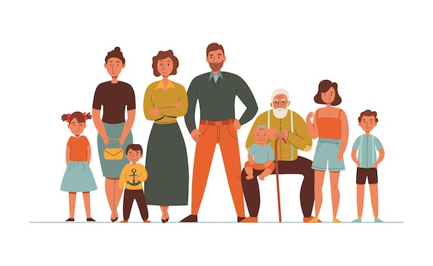 Generaties familie samenstelling met platte stripfiguren van familieleden met ouderen volwassenen en kinderen vectorillustratie