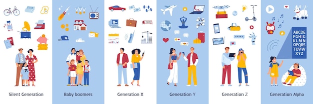 Generaties kleur set met tekstbijschriften van doodle menselijke karakters en geïsoleerde pictogrammen die symbolen van generatie vectorillustratie vertegenwoordigen