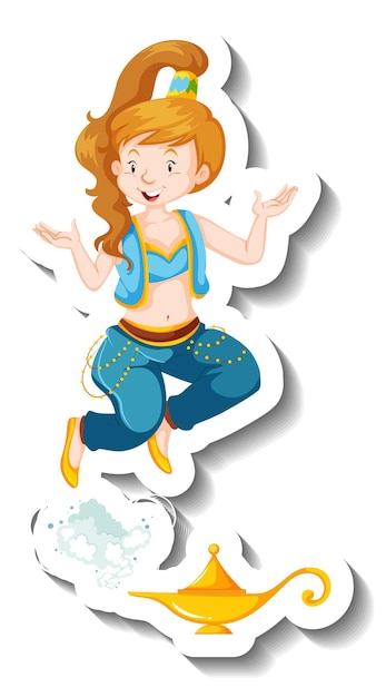 Gratis vector genie dame komt uit magische lamp stripfiguur sticker