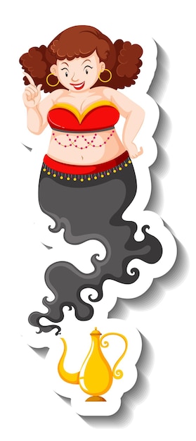 Gratis vector genie dame komt uit magische lamp stripfiguur sticker