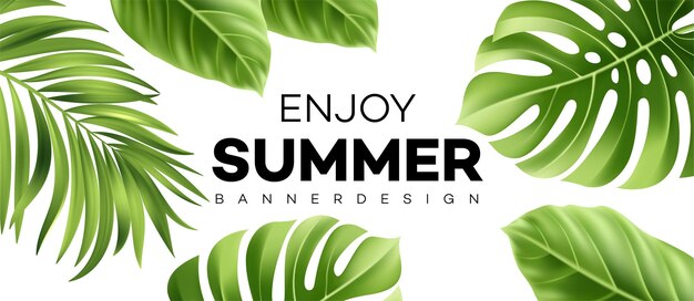 Geniet van een zomerbanner met tropisch palmblad en handgeschreven letters.