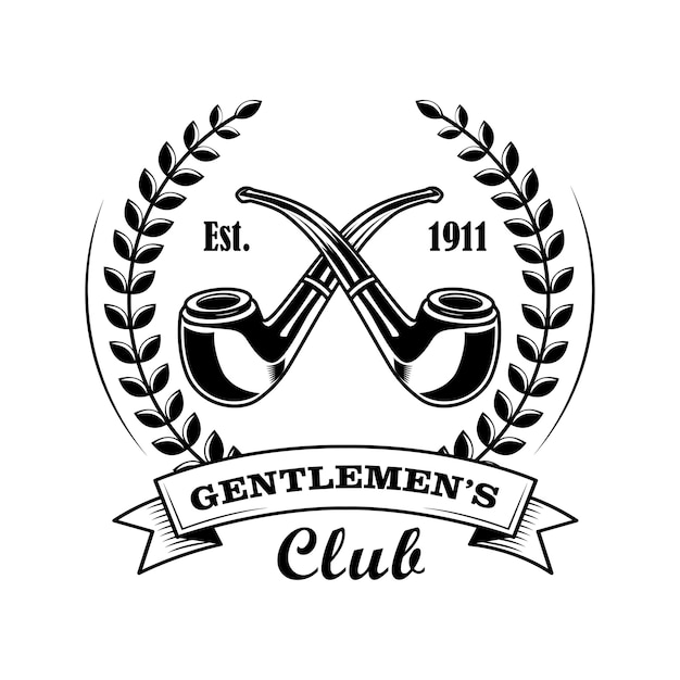 Gentleman club symbool vectorillustratie. Gekruiste pijpen, lauwerkrans, tekst. Tabakswinkelconcept voor labels of badges-sjablonen