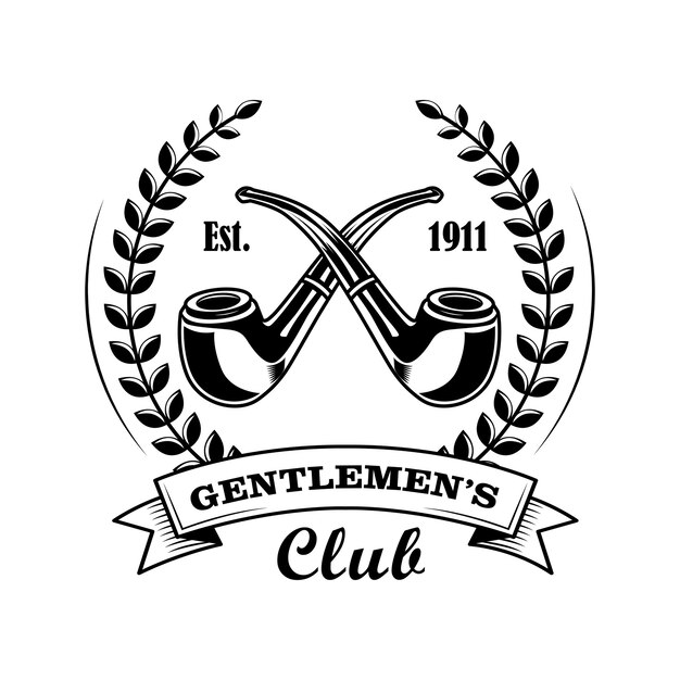 Gentleman club symbool vectorillustratie. Gekruiste pijpen, lauwerkrans, tekst. Tabakswinkelconcept voor labels of badges-sjablonen