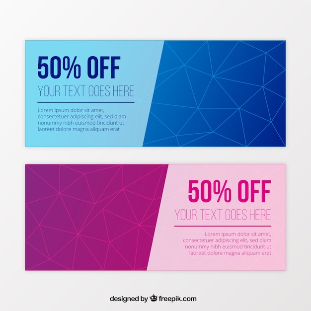 Gratis vector geometrische cadeaubonnen in blauwe en paarse tinten