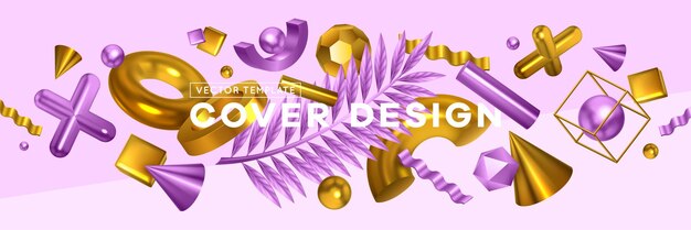 Gratis vector geometrische vormen trendy objecten koptekst met gouden violet kruis kegel palmblad