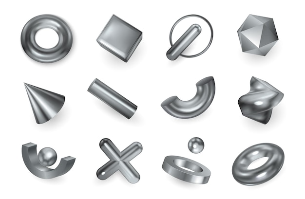 Geometrische vormen zilveren metalen objecten decoratieve elementen kruis hanger facetgeslepen kraal kegel ring realistische set