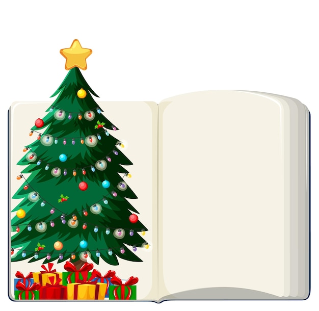 Geopend blanco boek met kerstboom