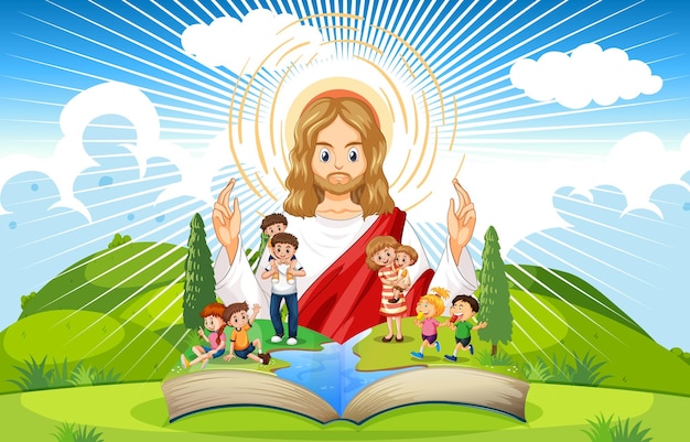 Gratis vector geopend boek met jezus christus en mensen