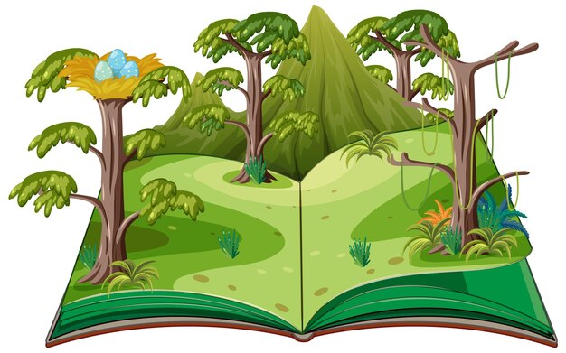 Geopend boek met prehistorisch bos