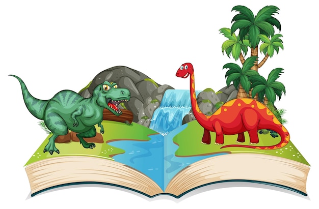 Gratis vector geopend boek met verschillende dinosaurussen cartoon