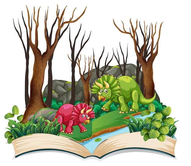 Geopend boek met verschillende dinosaurussen cartoon