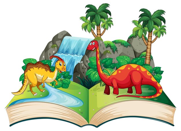 Geopend boek met verschillende dinosaurussen cartoon