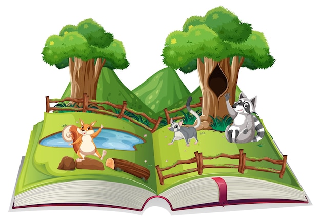 Gratis vector geopend fantasieboek met schattige dieren