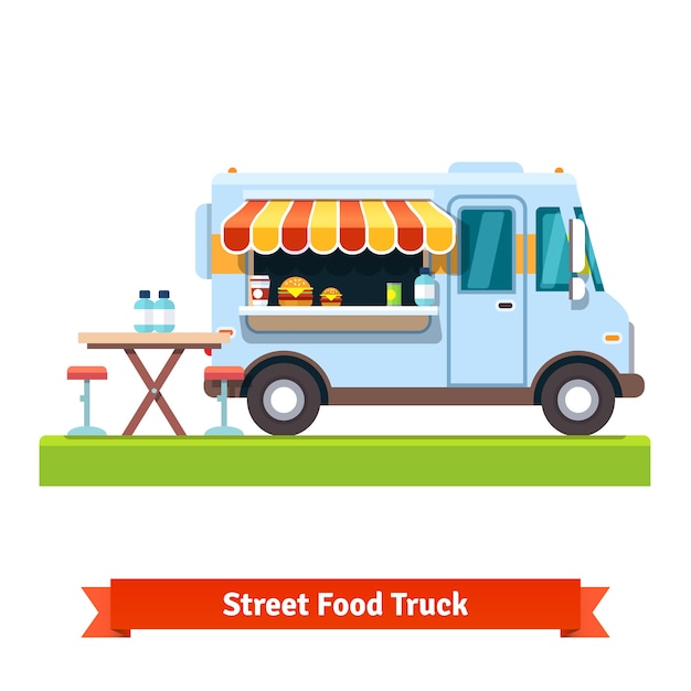 Gratis vector geopende street food truck met gratis tafel