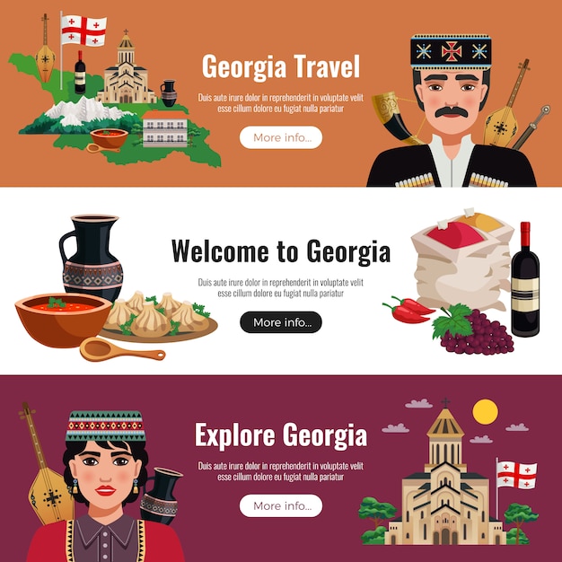 Gratis vector georgië reizen platte horizontale banners website met nationale cultuur tradities voedsel wijn bezienswaardigheden aard