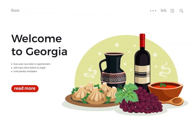 Georgië reizen platte webpagina met info-knop en afbeelding van de keuken van de nationale gerechten wijn
