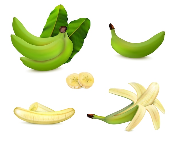 Gratis vector gepelde ongeschilde en gesneden groene banaan met bladeren realistische set geïsoleerde vectorillustratie