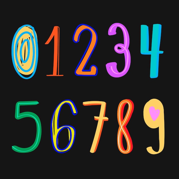 Gratis vector getallen vector doodle typografie kleurrijke lettertypeset