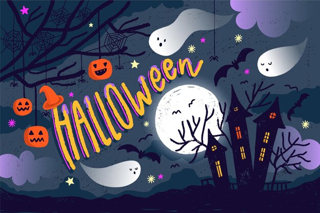 Getekende halloween-achtergrond met griezelig huis