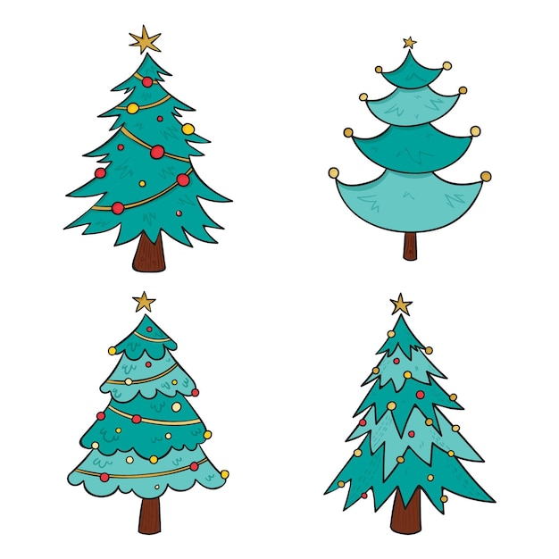 Getekende kerstbomen met ornamenten