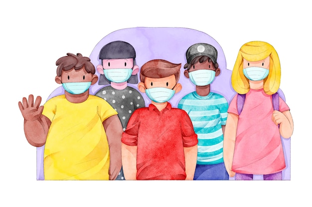 Gratis vector getekende menigte van mensen met medische maskers