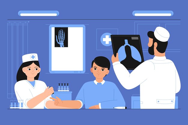 Getekende patiënt met platte hand die een medisch onderzoek aflegt
