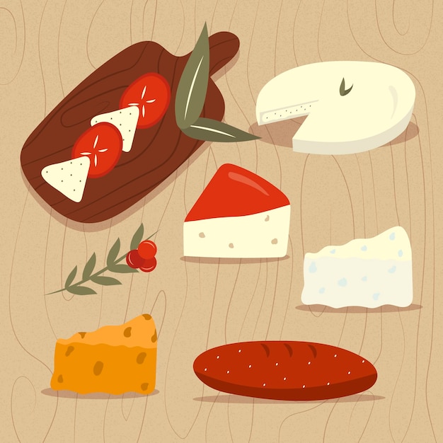 Getekende soorten kaas op een houten bord