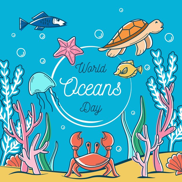 Getekende wereld oceanen dag illustratie concept