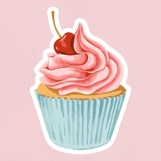 Gevectoriseerde cupcake gegarneerd met maraschino-kersensticker-overlay met een witte rand