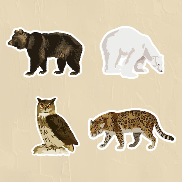 Gevectoriseerde mix vintage dieren sticker met een witte rand