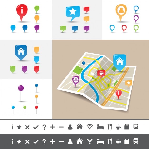 Gratis vector gevouwen stadskaart met gps pin pictogrammen en markeringen