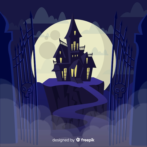 Gratis vector geweldig halloween-spookhuis met plat ontwerp