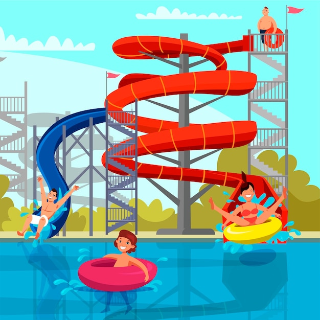 Gratis vector geweldig waterpark voor recreatie voor volwassenen en kinderen vrolijke familie en kinderen rijden van glijpijp op buistablet