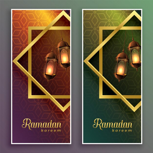 Gratis vector geweldige ramadan kareem vaandels met hangende lampen