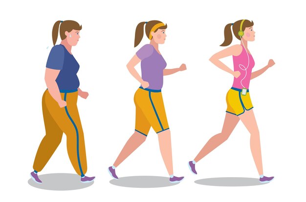Gewichtsverlies stadia op witte achtergrond. Meisje afvallen, fit blijven en een dieet volgen. Word dun en slank. Vormverandering. Passend vrouwelijk karakter.