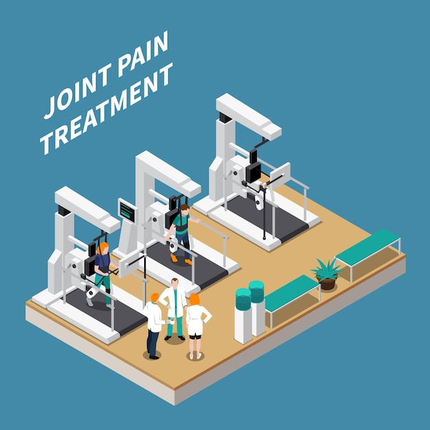 Gewrichtspijn behandeling isometrische samenstelling met artsen en patiënten die revalidatie ondergaan bij moderne fysiotherapie apparatuur illustratie