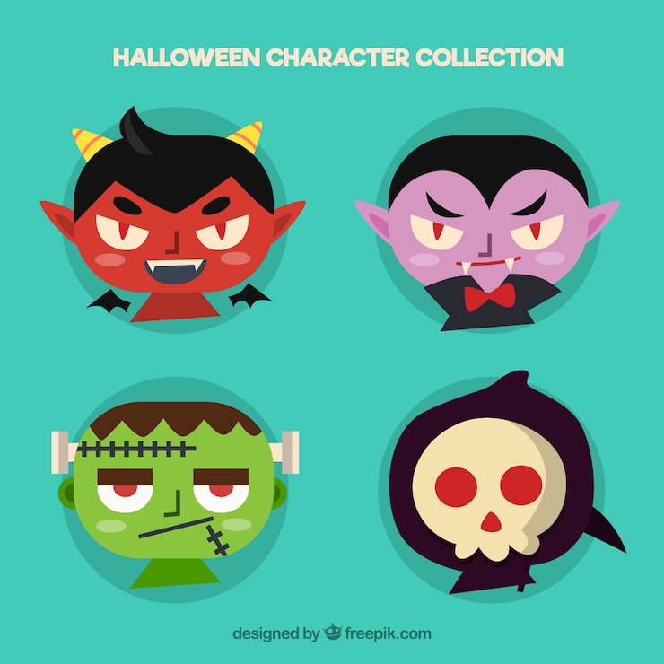 Gratis Vector gezichten van duivel, dracula, frankenstein en grim reaper