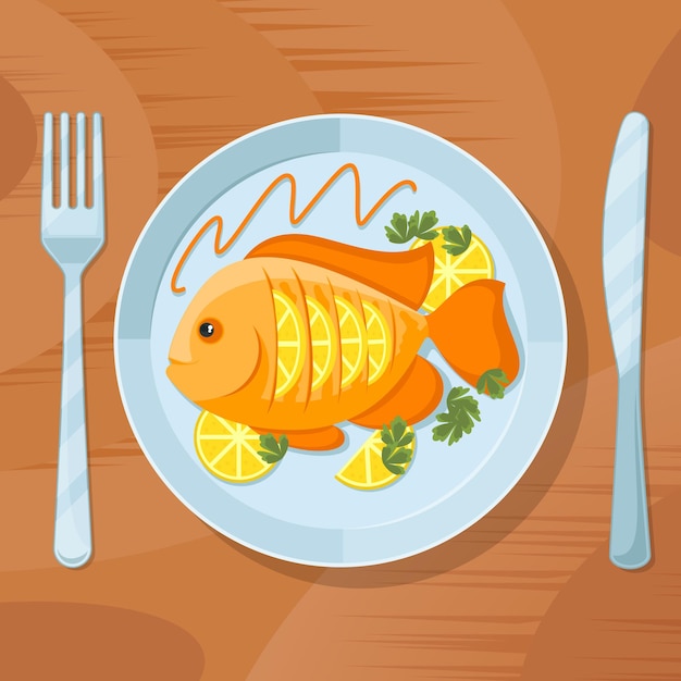 Gezond diner met verse vis. Vis heerlijke schotel illustratie. Smakelijke vis op plaat met mes en vork