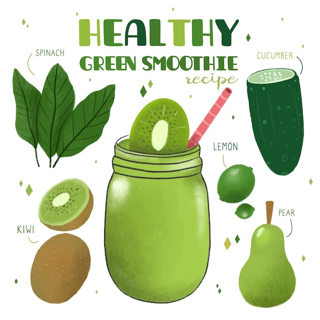 Gratis vector gezond groen fruit en groenten smoothie recept