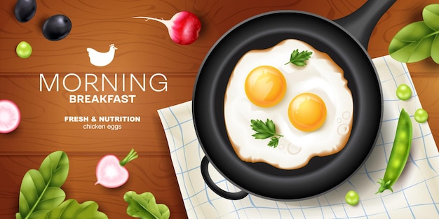 Gratis vector gezond ontbijt realistische horizontale advertentieaffiche met gebakken eieren op koekenpan verse groenten en kruiden vectorillustratie